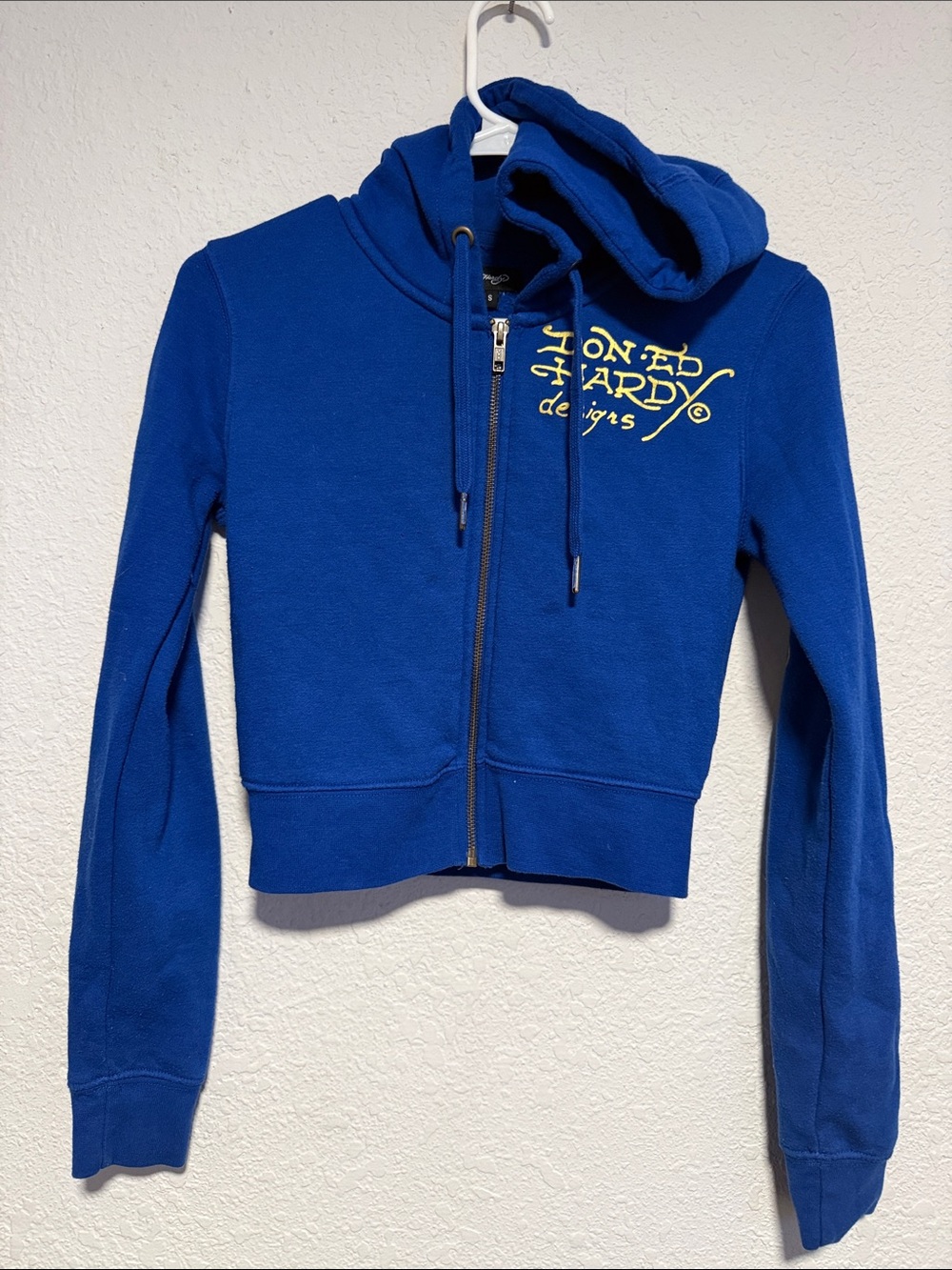 Ed Hardy Royal Blue Zip-Up Hoodie with Yellow Logo Girl kit woman